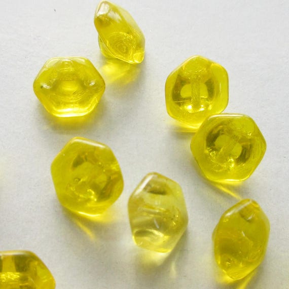12 Vintage Czech Glass Clear Yellow Hexagon Buttons Czechoslovakia