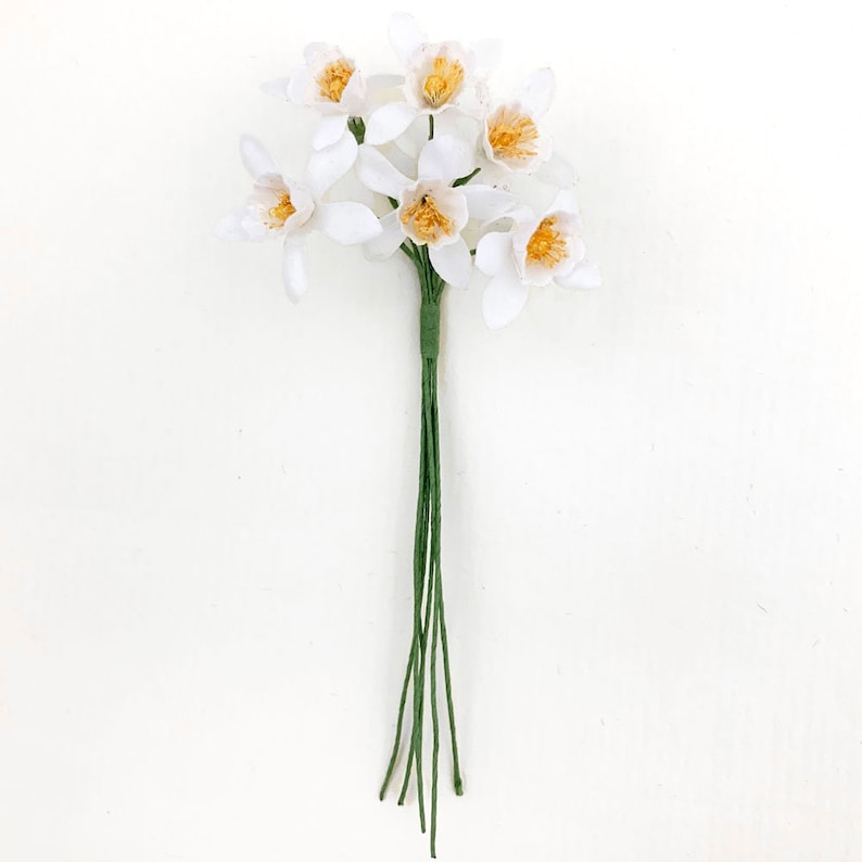 May include: A bunch of white paper daffodils with yellow centers. The stems are green and tied together.
