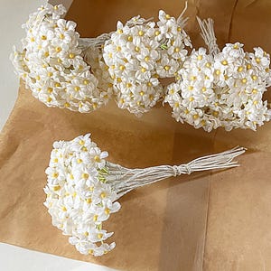 18 Stems Vintage East Germany Forget me Nots Millinery Flowers White Satin Yellow Centers ~ Old Store Stock VAT026