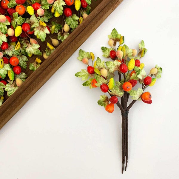 Czech Velvet Leaf Spray of Small Lacquered Fruit Millinery Branches NFC065
