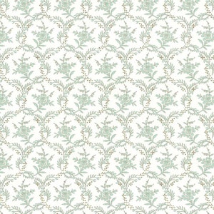 May include: A seamless pattern featuring a repeating design of delicate green floral vines with small white flowers on a white background.