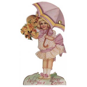 Vintage Easter Card Mechanical Made In USA Little Girl Umbrella  CD135