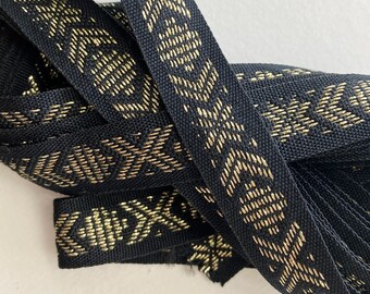 From Sweden 4 Yards Swedish Costume Trim Authentic Folkloric Jacquard Ribbon Black And Metallic Gold 15mm Wide SFT305