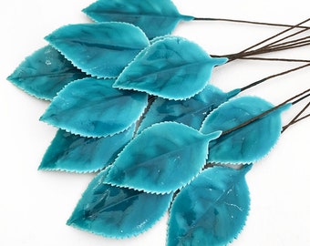 12 Czech Millinery Lacquered Rose Leaves Teal Blue NLC122-LAC-TL