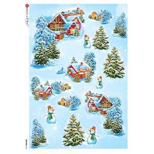 From Italy 2 Sheets Italian Rice Paper Decoupage Christmas Snowman Village RCP-CH-135 x2