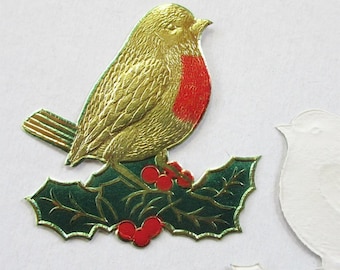15 Vintage Dresden Gold Foil Robin Birds On Holly Branch Christmas Dresdens England Die Cuts