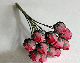 12 Vintage East Germany Pink Fabric Rose Buds ~ Millinery Flowers ~ Old Store Stock VAT030