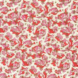May include: A seamless pattern featuring a repeating design of pink and red floral swirls on a white background. The pattern is reminiscent of vintage wallpaper or fabric.