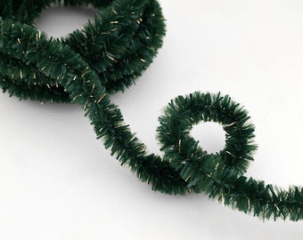 13-7/8 Yards Czech Chenille Bottlebrush Cording in Green + Gold Tinsel ~ 12mm Wired Group E