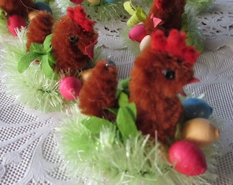 2 Czech Easter Chicks Chenille Brown Chickens On Nests With Spun Cotton Eggs Decorations x2