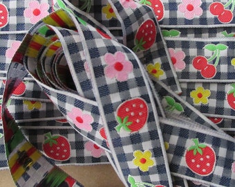 4 Yards Flowers Strawberry Cherry Jacquard Sewing Ribbon 15/16" Wide Trim Gingham Floral VT310