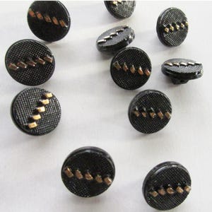 11 Vintage Glass Buttons Handmade Gold And Black Glass R-29