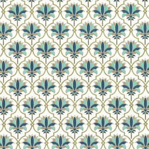 May include: A seamless pattern featuring a repeating design of stylized teal blue and gold flowers with a white background.