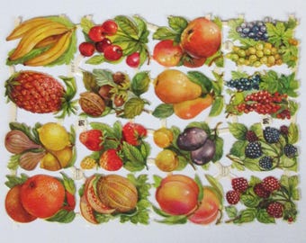May include: A vintage sheet of fruit stickers featuring a variety of fruits, including a pineapple, banana, cherries, pears, plums, peaches, strawberries, blackberries, and a melon. The stickers are printed on a white background with a grid pattern.