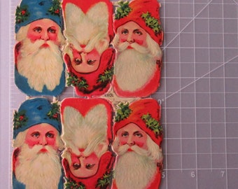 6 Germany Vintage Santa Claus Heads Scraps Die Cut Paper Scrap Faces 1930s B