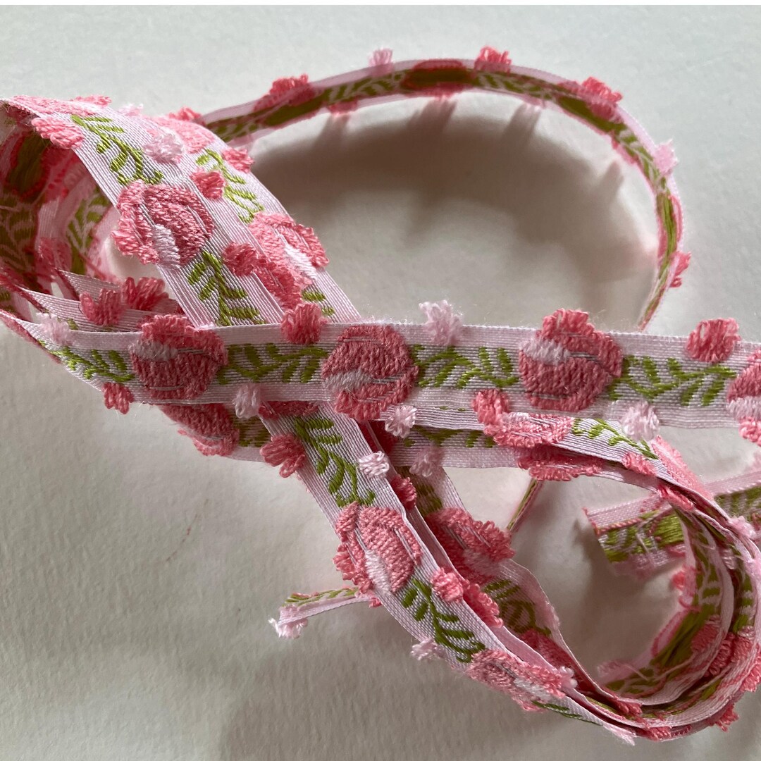 4 Yards Pink Flowers Roses Woven Ribbon Jacquard Flower Trim 3/8