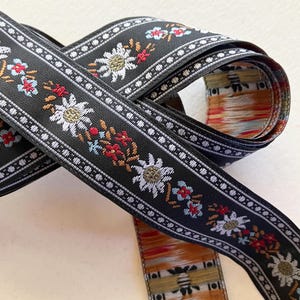 5 Yards Jacquard Sewing Ribbon 7/8&quot; Wide Folk Costume Trim Black White Edelweiss VT205