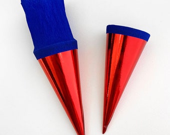 2 Germany Metallic Paper Cones For You To Decorate Red Foil Blue Crepe CON04-RBL