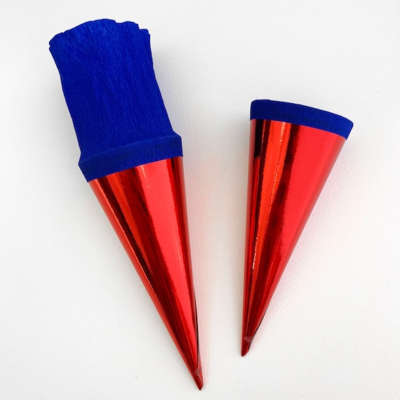 2 Germany Metallic Paper Cones for You to Decorate Red Foil Blue