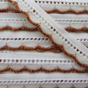 Italy 4 Yards Embroidered White With Metallic Copper Scallop Insertion Entredeux Sewing Trim 1/2" Wide  VT140