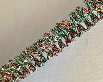 5 Yards Vintage Metallic Garland  Trim Ribbon 7/16" Wide Red Gold Green Looped Tinsel Old Store Stock