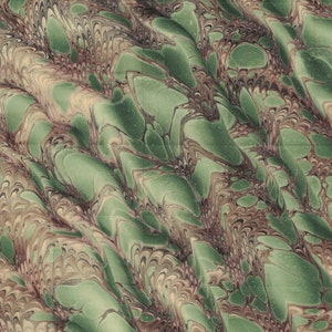May include: Abstract marbled paper with a swirling pattern of green, brown, and beige. The pattern resembles a series of waves or ripples.