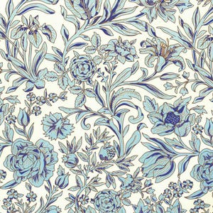 May include: A seamless pattern featuring a detailed floral design in shades of light blue and navy against a cream background. The pattern includes roses, lilies, and other stylized flowers and foliage.
