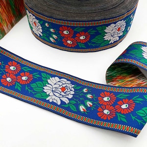 3 Yards Czech Ribbon Woven Blue Floral Folkloric Traditional Embroidered Jacquard Trim 45mm Wide CFT024BLU
