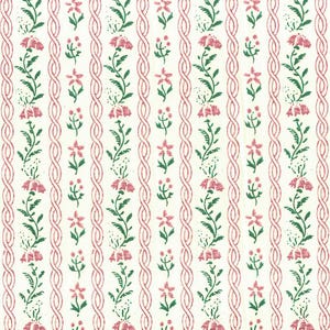 May include: A repeating pattern featuring vertical rows of pink flowers and green leaves on a cream background. Interspersed are pink, braided lines. The floral elements include small, star-shaped flowers and larger, clustered blooms, creating a vintage aesthetic.