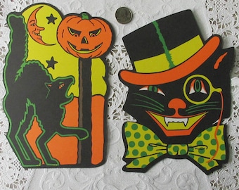 2 Halloween Large Die Cuts 1950s Reprints Made In USA 9" Double Sided Black Cats Cutouts