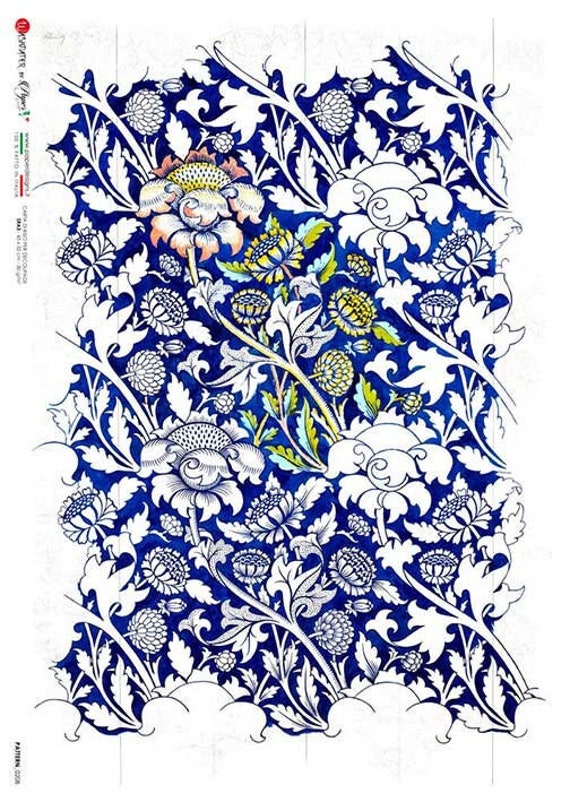 Blue Floral Rice Paper Decoupage Sheet ~ Italy