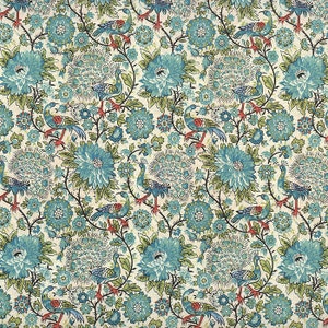 May include: A seamless pattern featuring a repeating design of peacocks and floral motifs. The peacocks are depicted in shades of blue and green, with their tails spread out in a fan shape. The floral motifs are in shades of blue, green, and white, and they are arranged in a symmetrical pattern.