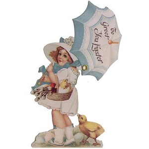 May include: A vintage Easter card featuring a girl in a white dress and blue hat holding a basket of chicks and an umbrella that says "To Greet You Easter".