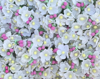 4 Bundles Forget Me Nots Flocked Paper Flowers White With Pink Peps