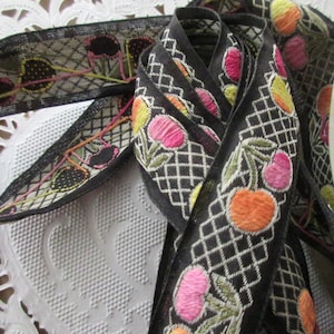 4 Yards Vintage Cotton Japan Fancy Cherries Cherry Trim Old Store Stock Black Yellow Pink VT17