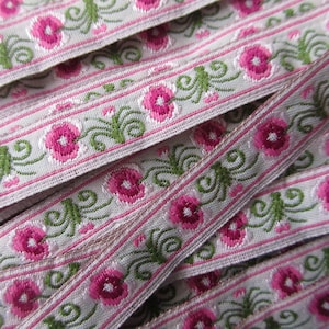 2-3/4 Yards Pink Flowers Jacquard Ribbon 1/2&quot; Wide White Pink Green VT48PK
