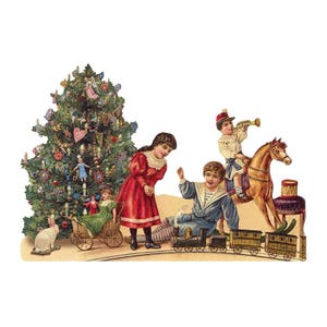 2 Victorian Christmas Tree Scraps Germany Large Lithograph Die Cut Christmas 5180 x2