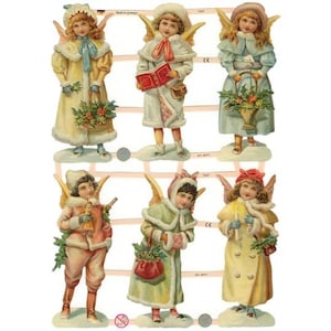 May include: A sheet of vintage Christmas angel cutouts. The angels are depicted in various poses, wearing long coats and hats in pastel colors. Each angel has golden wings and holds items like baskets, books, and candles. The overall theme is festive and nostalgic.