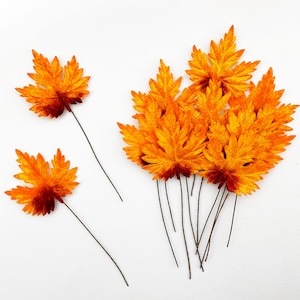 May include: A bunch of orange and red felt maple leaves with wire stems. The leaves are arranged in a cluster, with the stems pointing upwards.
