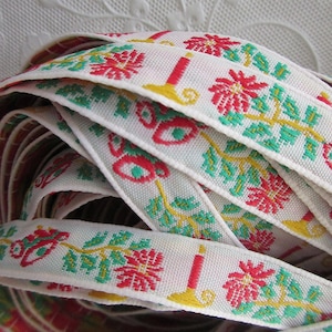 4 Yards Vintage Christmas Jacquard Trim Ribbon 9/16" Wide White Green Yellow Red Candles Poinsettias RV85