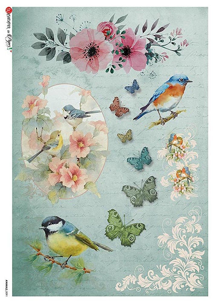 From Italy 2 Sheets Italian Rice Paper Decoupage Pastel Birds RCP-AN-91 ...