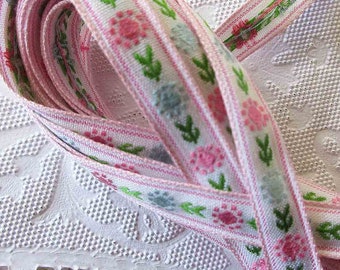 5 Yards Vintage Japan Floral Trim Narrow 7/16" Cotton Poly Jacquard Ribbon White Green Pink & Blue VT167