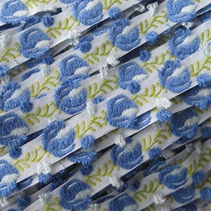 4 Yards Blue Flowers Roses Woven Ribbon Flower Trim 3/8 Inch Wide