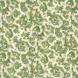 May include: A seamless pattern featuring a repeating design of stylized green leaves and vines. The leaves vary in shades of green, with some having a lighter, almost yellow-green hue. The background is a cream color with small, circular, light brown accents.