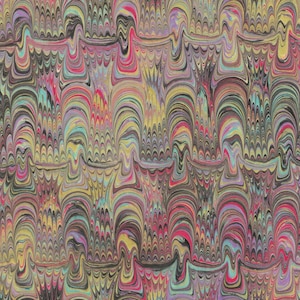 May include: Abstract marbled paper with a swirling pattern of black, red, yellow, blue, and purple. The pattern is reminiscent of a wave or ripple effect.