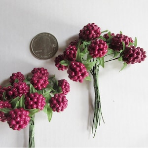 May include: Two bunches of artificial burgundy-colored berry sprigs with green leaves and wire stems. The sprigs are approximately the size of a US quarter.