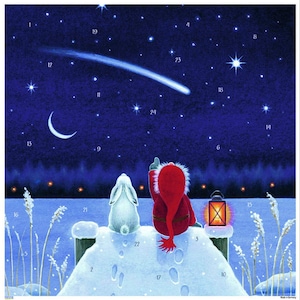 May include: An illustrated advent calendar featuring a night scene with a starry sky, a crescent moon, and a shooting star. A white rabbit and a figure in a red coat with a long hat are looking up. A lantern sits on a snowy ledge.