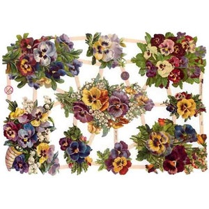 Germany Paper Scraps Lithographed Die Cut Victorian Pansy Bouquets  7422