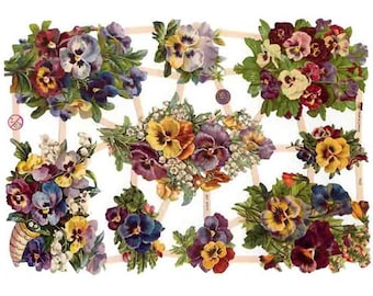 Germany Paper Scraps Lithographed Die Cut Victorian Pansy Bouquets  7422