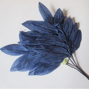 3 Sprigs Vintage Millinery Leaves Japan Navy Blue Satin Leafs With Tassel  VL012 x3